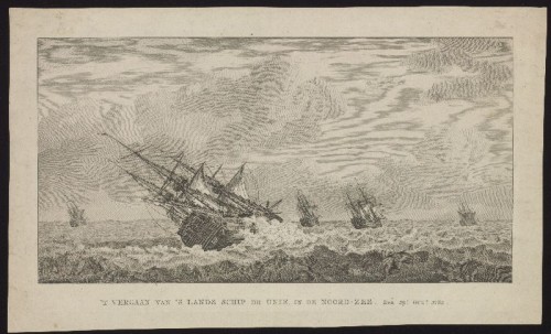 Kopergravure. Het vergaan van 's lands schip De Unie op de Noordzee in 1782.